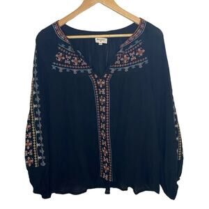 World Market Black V-Neck Embroidered Long Bishop Sleeve Loose Fit Top
